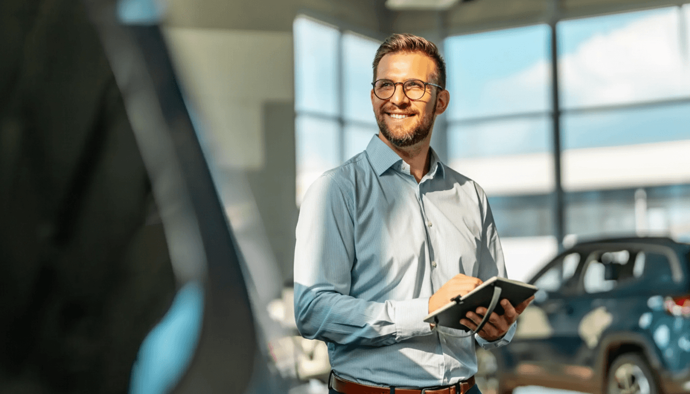 Parceiro Safra segurando celular ao lado de um carro.